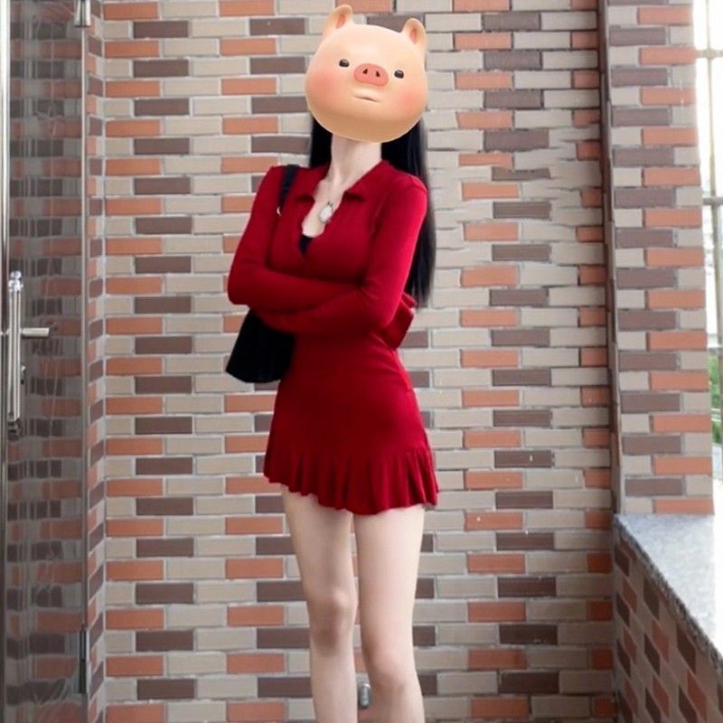 圣诞穿搭红色v领连衣裙子女2025新款秋冬季御姐风修身包臀裙女装|undefined