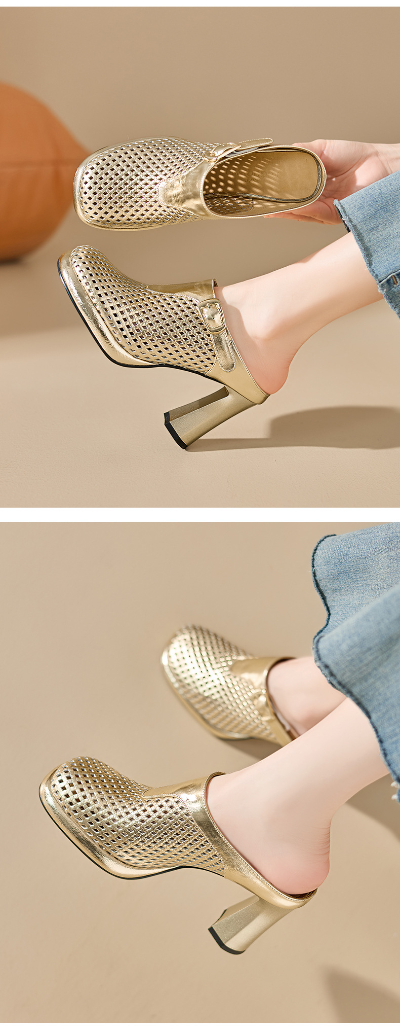 Sandal cao gót nữ mũi tròn đục lỗ, đế dày 8,5 cm, phong cách Âu Mỹ — màu vàng chi tiết 4