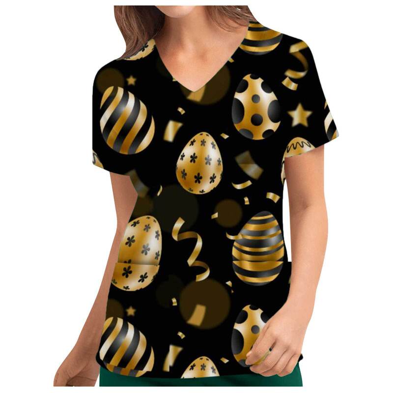 2022 European and American wish Popular Women's CloThing RabbiT Egg PrinT ShirT EasTer v Neck ShorT-sleeved BoTToming T-shirT Women's CloThing