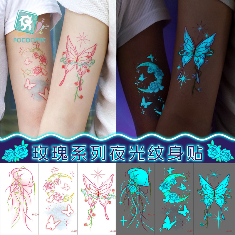 Ruika Long's New Cross-Border Blue Luminous Tattoo Stickers with a High-End Feel, Rose Pattern Tattoo Stickers for the Collarbone, Factory