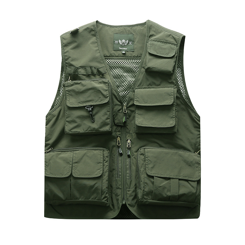 Chaleco ligero para hombre para actividades al aire libre con múltiples bolsillos, ideal para pesca y fotografía, chaleco de talla grande con diseño de ropa de trabajo estampada.