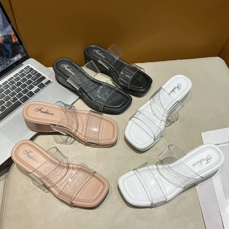 Новые летние прозрачные сандалии, женские домашние Нескользящие уличные тапочки на танкетке, модные Универсальные тапочки с квадратным носком