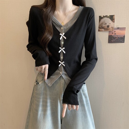 MR Original Design Early Autumn Two-Piece Color Blocking V-Neck Slimming Loose Casual Versatile Long-Sleeve Cardigan Top