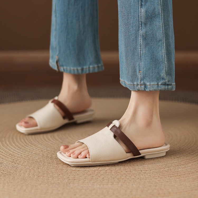 Dép sandal nữ xỏ ngón đế bệt phối màu hở mũi thời trang — màu trắng ngà, màu mơ chi tiết 66