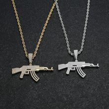 个性嘻哈AK47枪项链铜镶钻锆石超闪冲锋枪吊坠潮人派麻花链批发