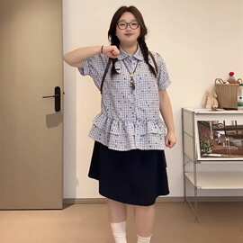 大码韩系学院风衬衫女夏季领荷叶边短袖衬衣时尚宽松显瘦上衣