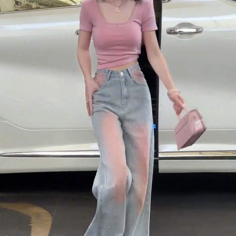 2026 New Style Regular Shoulder Short-Sleeve T-Shirt with Washed Vintage Design and Heavy-Duty Rhinestone Embellishments, High-Waisted Straight-Leg Jeans Set