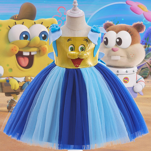 New European and American Girls' Mesh Tutu Dress with SpongeBob SquarePants Cosplay Performance Gown—Stylish 3D-Designed Kids' Skirt