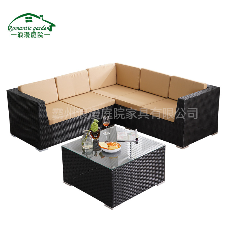 Black rattan outdoor sofa, courtyard sofa wholesale, multi-color cushions, multi-person corner balcony leisure rattan sofa