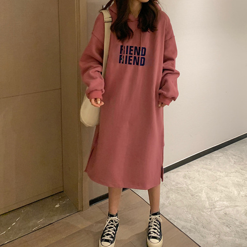 Harajuku style mid-length sweatshirt for women ins Korean style striped long-sleeved dress winter Korean style loose and slimming above the knee