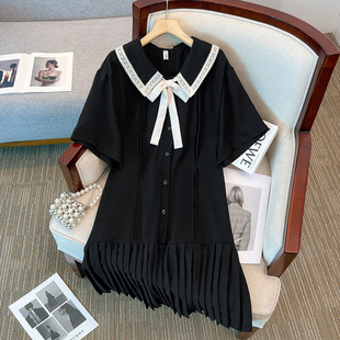 Special Clearance Manufacturer Wholesale Physical Supply Plus Size Women's Summer Doll Collar Lace-Up Hem Pleated Dress