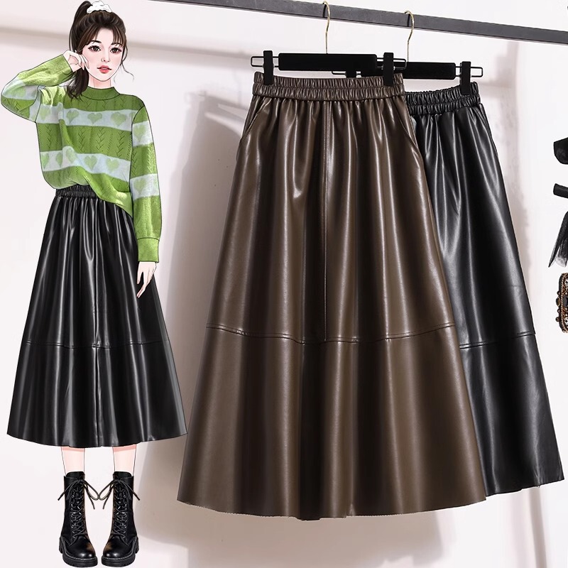 plus size Maillard Brown PU Leather Skirt Women's Autumn and Winter chubby girl High Waist A- Line Long Skirt Umbrella Skirt Leather Skirt