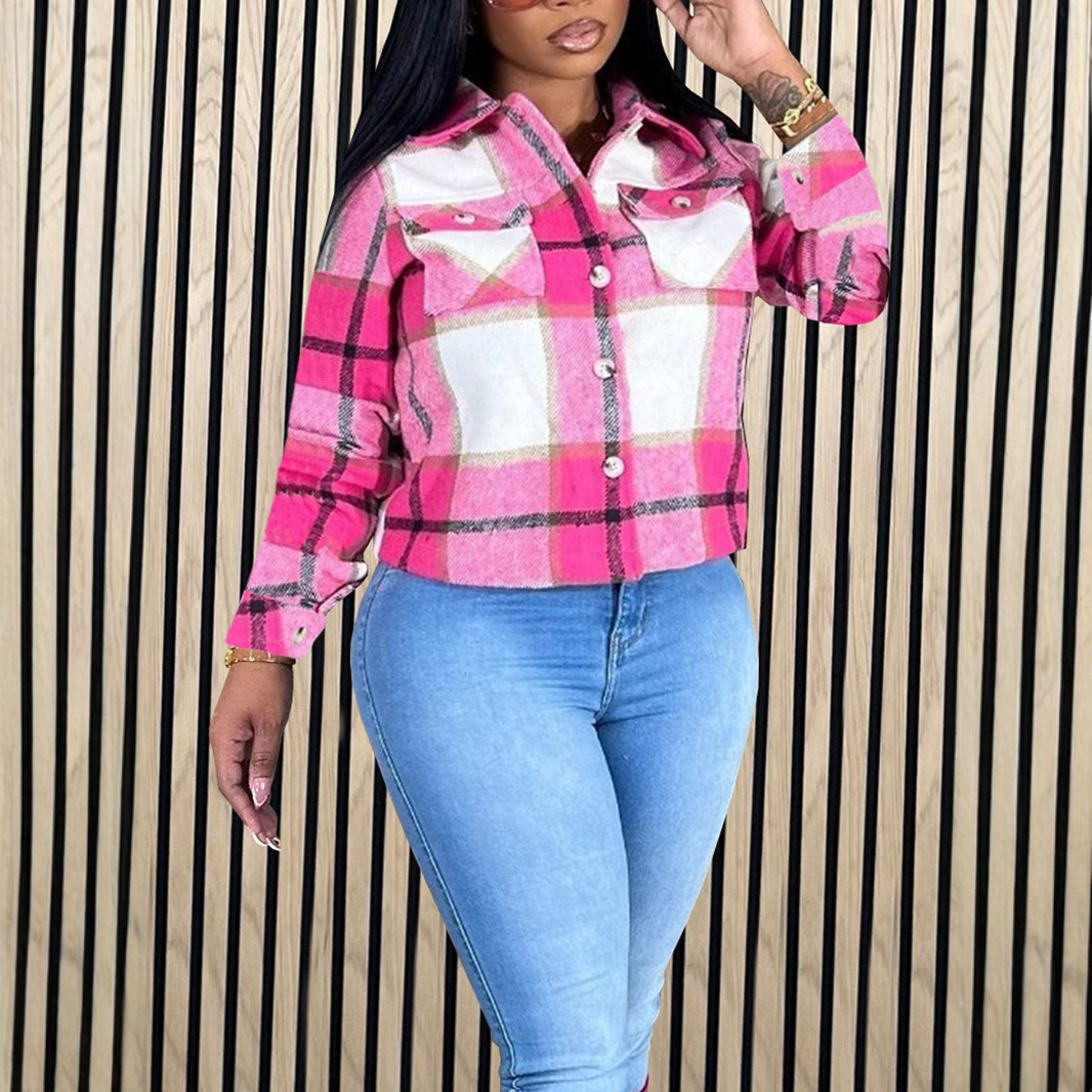 Европейская и американская женская мода повседневная клетчатая шерстяная короткая куртка