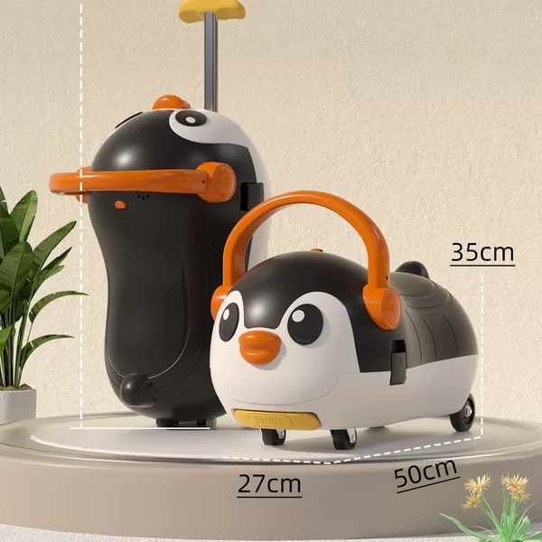 Children's Four-Wheel Scooter with Pull Rod, Cartoon Toy Car for 1-6 Year Old Boys and Girls, Universal Steering Scooter, Penguin Design