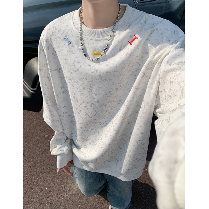 Tie-Dye Colorfulful Embroidered Round Neck Sweatshirt for Men in Spring and Autum Youth Trendyy Versatile Loose Casual Long-Sleeved T-Shirt