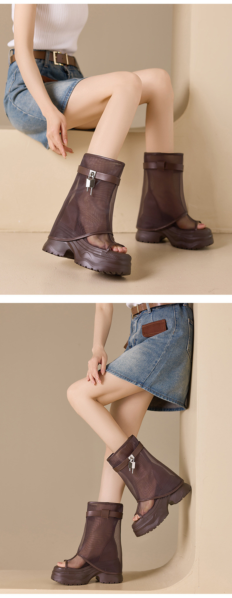 Boot nữ cổ cao đế dày lưới thoáng khí phong cách rider — màu nâu, màu đen, Nâu có hình, màu trắng chi tiết 13