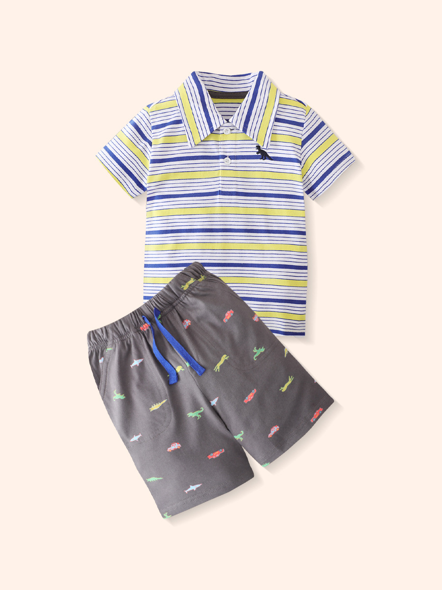 2025 verano nuevos pantalones cortos de manga corta de moda casual para niños traje camisa POLO a rayas traje de dos piezas