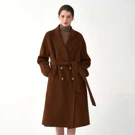 秋冬新款10%羊绒纯色双面呢外套女 西装领双排扣系带长款羊毛大衣