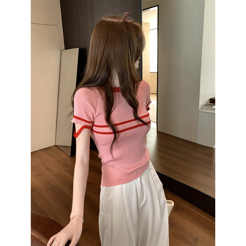 Summer Photosynthetic Color Sense Wear Contrast Color Knitted Sleeve 2025 Summer New Design Sense Top