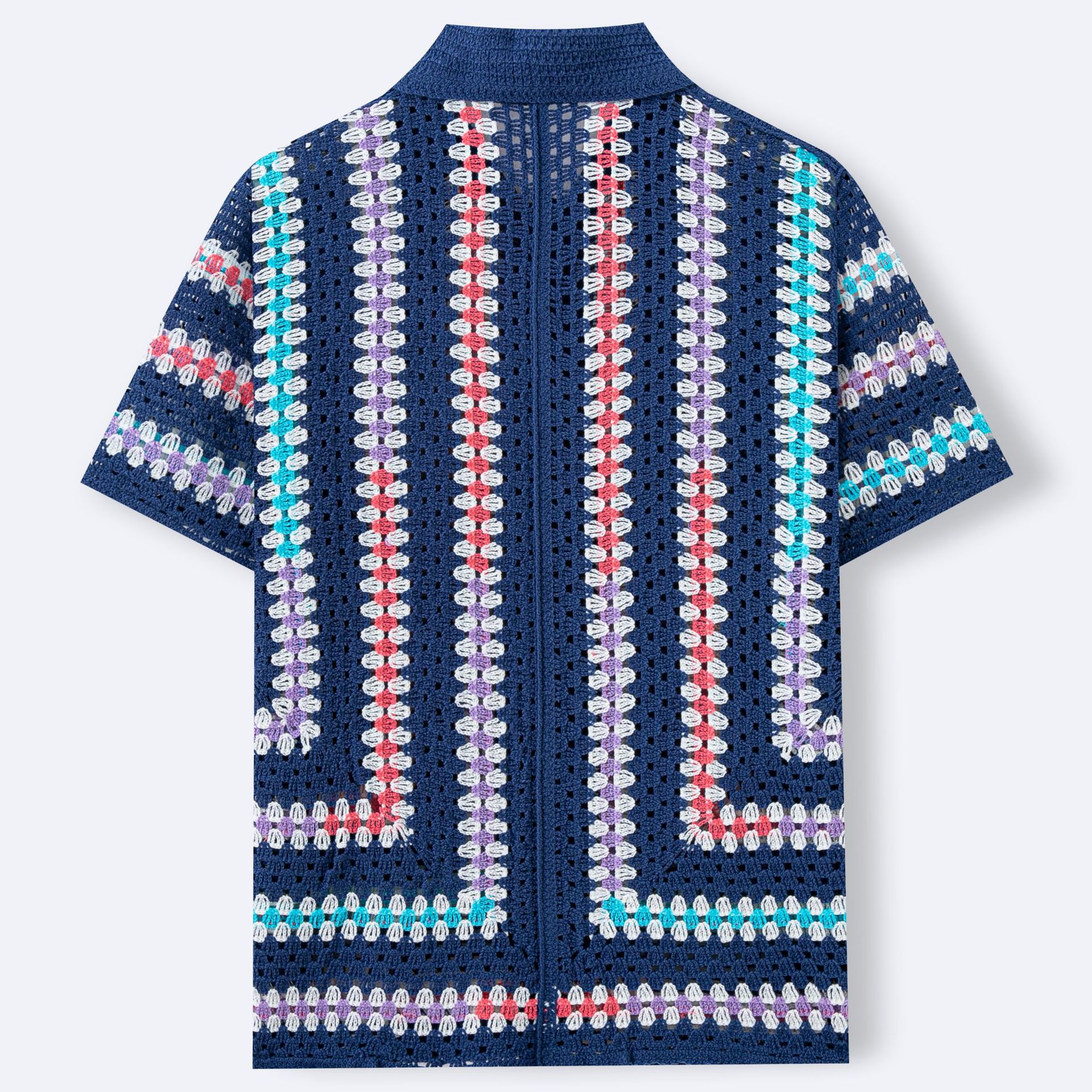 Cross-Border Fashion European And American New Water-Soluble Knitwear Men's Hollow Out Cardigan Short Sleeve Turn-Down_voghion.com
