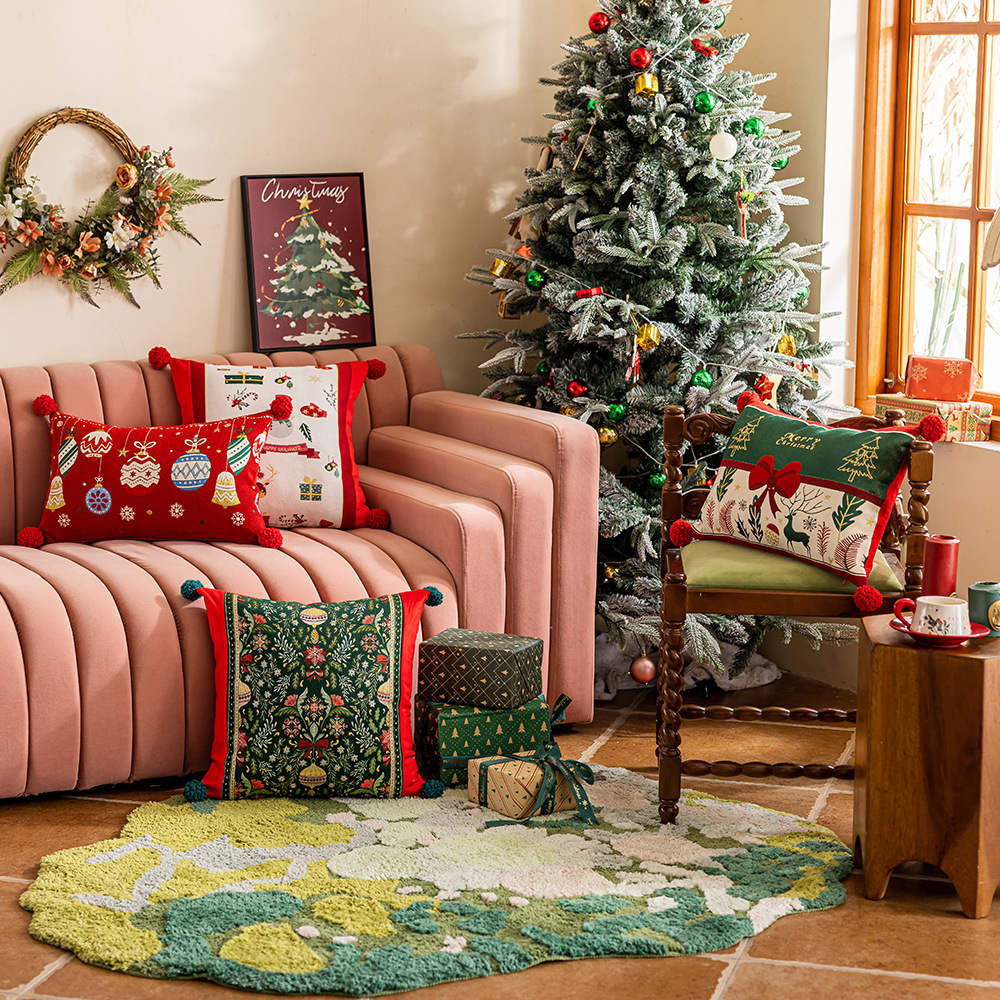 New Christmas Living Room Sofa Decorative Cushion Cushion Yarn-Dyed Jacquard Bell Christmas Knot Waist Cushion Pillow Cover