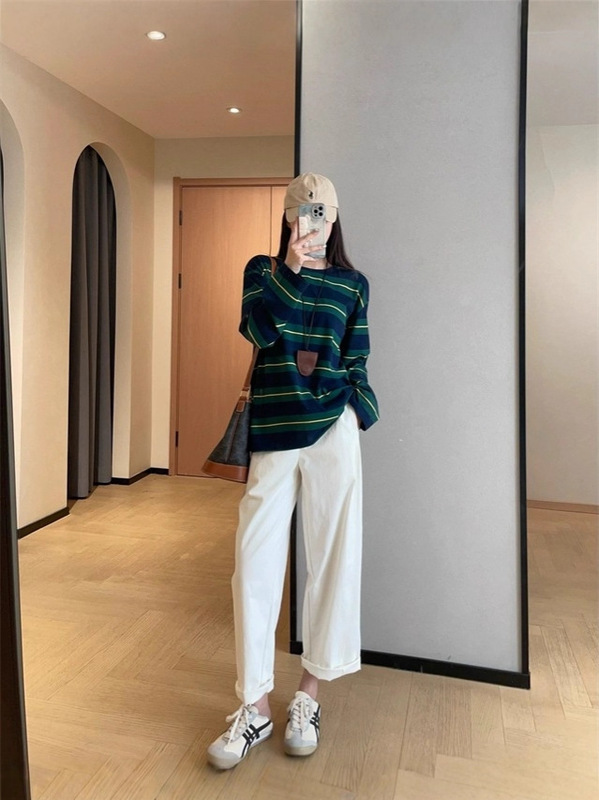 时髦纸片人棉质宽松百搭条纹圆领长袖T恤女秋季显瘦中长款打底衫|undefined