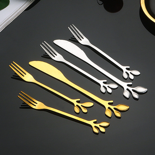 Stainless steel leaf fruit fork household cake mooncake knife and fork dessert fork creative fruit spoon tableware set