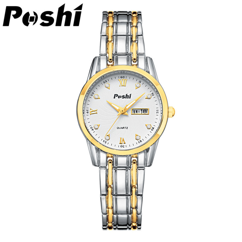 Poshi reloj de mujer nueva moda correa de acero inoxidable doble calendario reloj de mujer reloj de cuarzo venta al por mayor entrega de una pieza