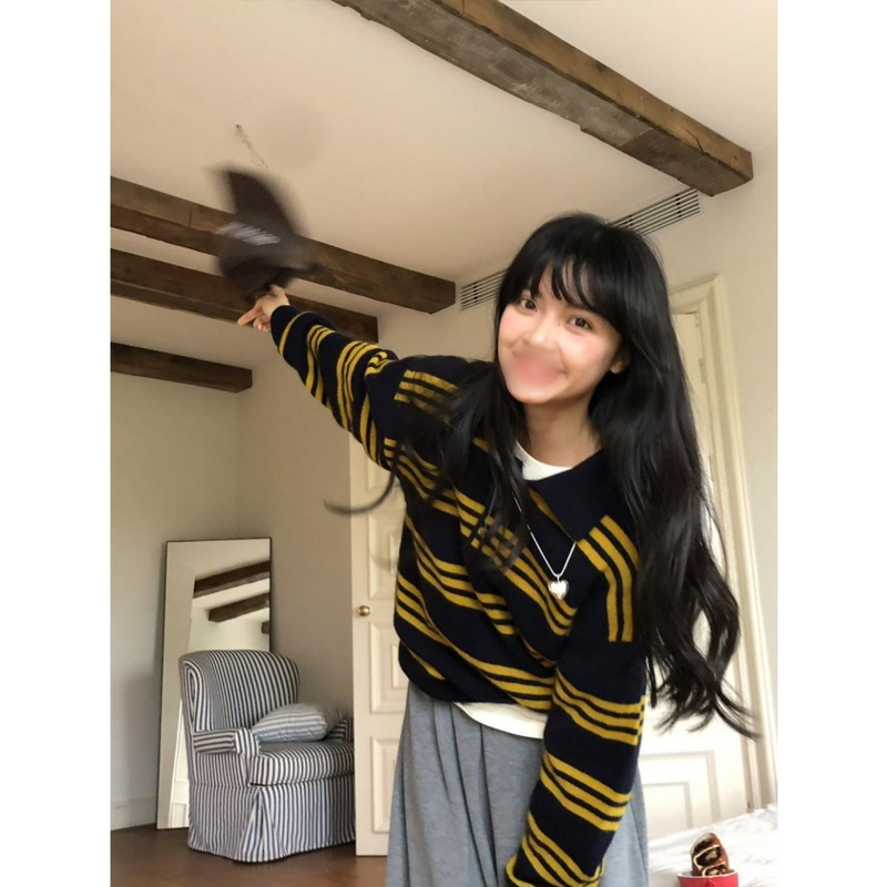 韩国hone新款超火毛衣套头针织衫polo领撞色条纹洋气宽松显瘦女装|undefined