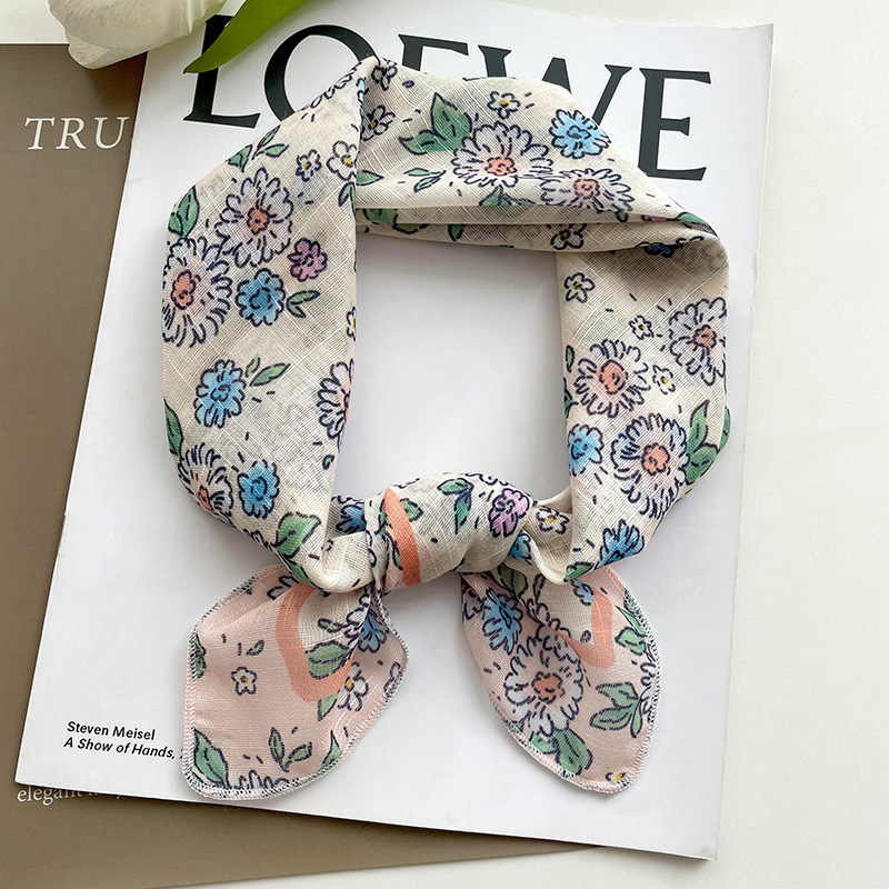 58 algodón y lino pequeña bufanda cuadrada estilo coreano de las mujeres fresco floral artístico elegante todo-fósforo decorativo pequeña bufanda banda de pelo bufanda