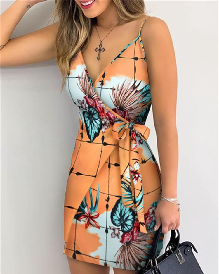2021 Summer New Wish Amazon AliExpress V-neck Print Lace Wrap Sexy Dress Female Spot