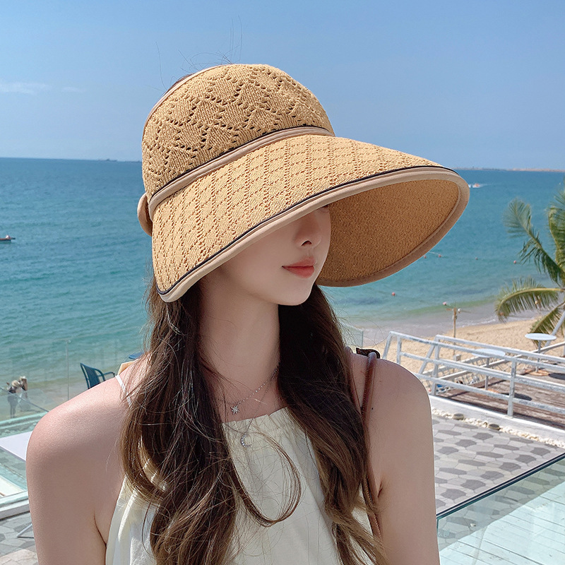 2024 Summer New Women's Knitted Breathable Bow Open Top Hat Outdoor Tourism Sunshade and Sunscreen Fashion Versatile Big Edge Sun Hat_voghion.com
