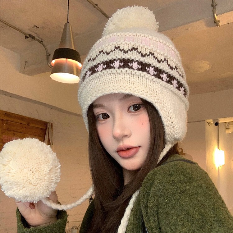 冬天帽子女款时尚百搭针织帽护耳保暖包头帽小毛球加绒毛线帽批发|undefined