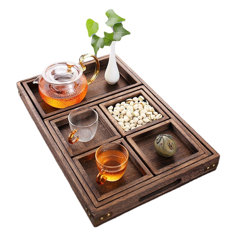 Bandeja de madera de madera, exquisito juego de té de la tarde, bocadillos de frutas, té, fruta seca, plato de refresco