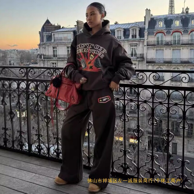 European and American Trendy Retro Graffiti Print Foam Letter Casual Loose Sweatshirt Couple Hoodie Set Sweatpants