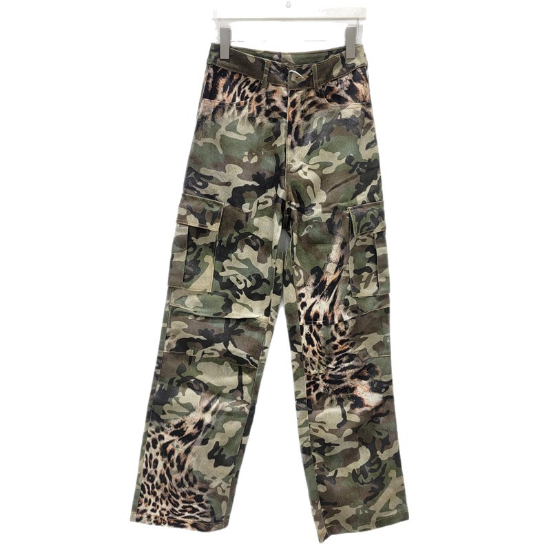 2026 primavera y verano nuevo estilo americano camuflado estampado de leopardo empalmado de bolsillo pantalones de trabajo sueltos delgados pantalones casuales rectos