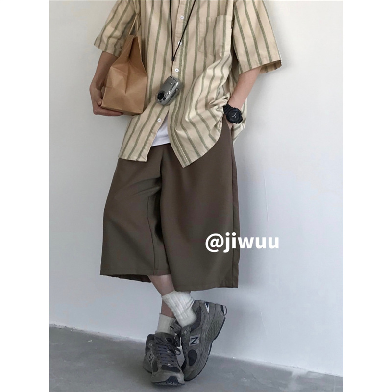 Cityboy Summer Japanese Retro Coffee-Colored Cargo Mid-Length Pants Unisex Versatile Loose Wide-Leg Casual Dress Pants