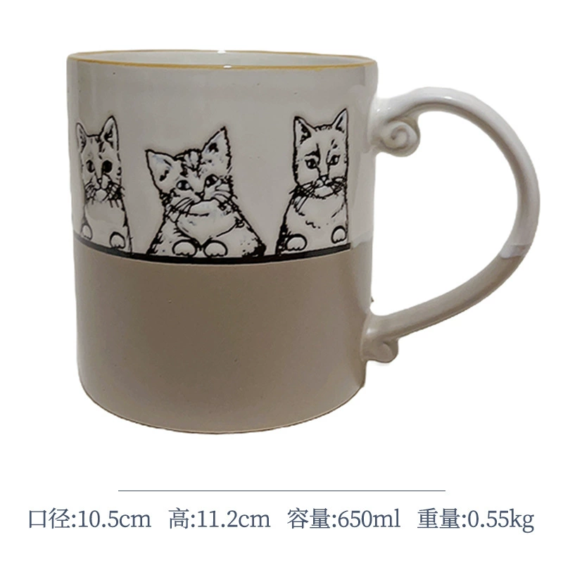 Ceramic mug hand-painted underglaze cat design, cute breakfast cup, microwave-safe