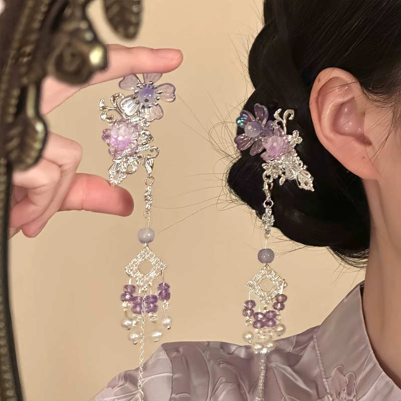 "Flowers in Spring" 2026 New Model New Chinese Style Purple Flower Tassel Hairpin Side Clip Hanfu Accessory Hair Ornament "Flowers in Spring" 2026 New Model New Chinese Style Purple Flower Tassel Hairpin Side Clip Hanfu Accessory Hair Ornament