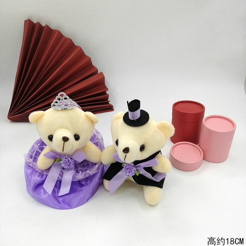 Venta al por mayor de juguete de peluche pareja oso vestido de boda cama muñeca regalo de boda coche muñeca decoración muñeca