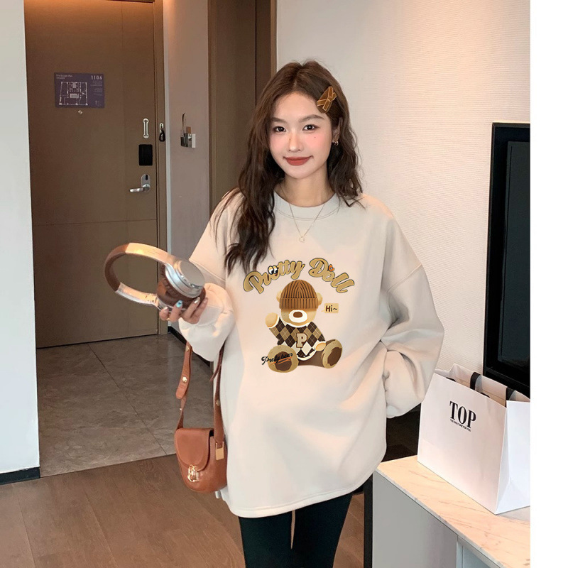 孕妇春秋装上衣时尚款大码宽松遮肚子奶茶色卫衣中长款长袖打底衫