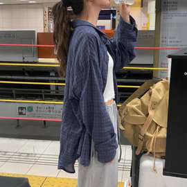 韩国东大门藏青格子宽松外搭衬衣防晒薄款外套百搭外贸跨境衬衬衫