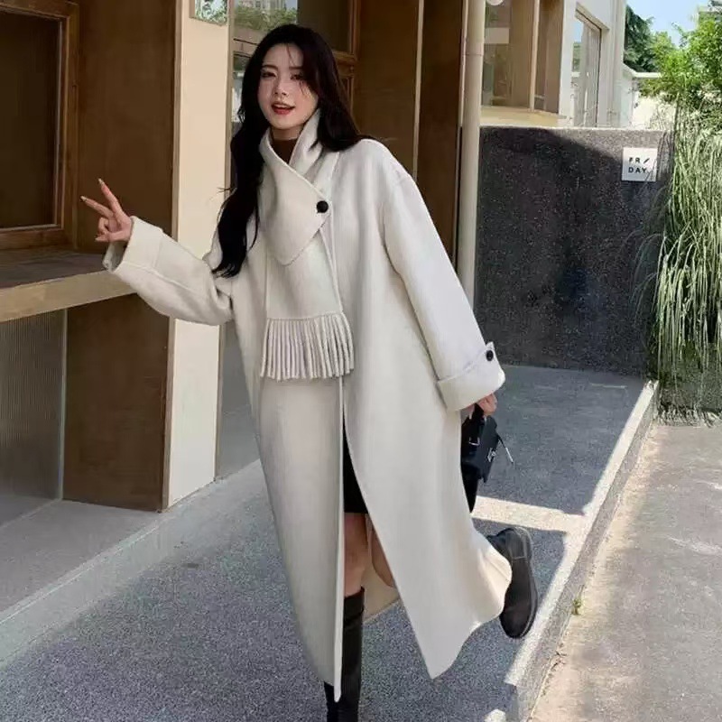 가을과 겨울 새로운 한국 스타일 분리 가능한 스카프 2024 새로운 양면 양모 코트 여성용 무릎 위 양모 코트