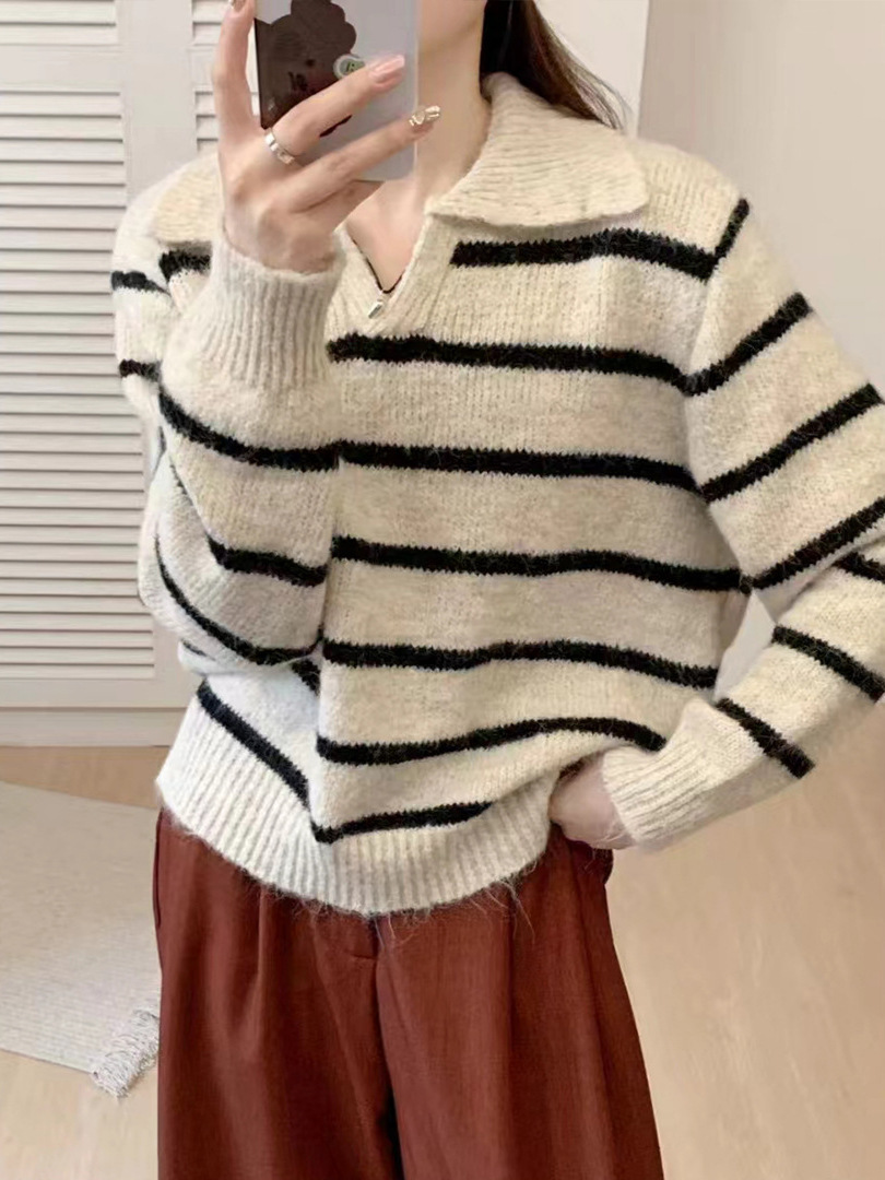 Suéter coreano con solapa para mujeres otoño y invierno nuevo estilo simple con rayas de contraste de color perezosas versátiles sueltas camisetas de punto transfronterizas