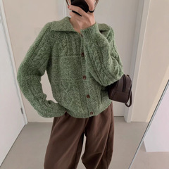 韩系风设计感Polo领绞花设计感毛衣女秋冬新款软糯慵懒风针织开衫