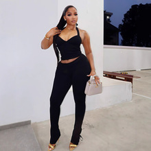 亚马逊跨境女装2025冬季新款纯色无袖系带露背性感紧身休闲套装