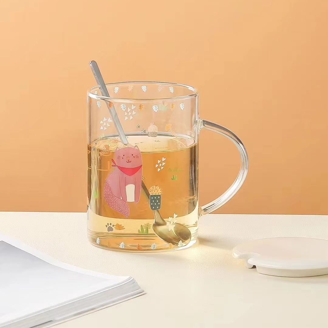 Creativo lindo de alto aspecto vidrio hogar desayuno taza animal mano regalo taza de beber con tapa cuchara taza