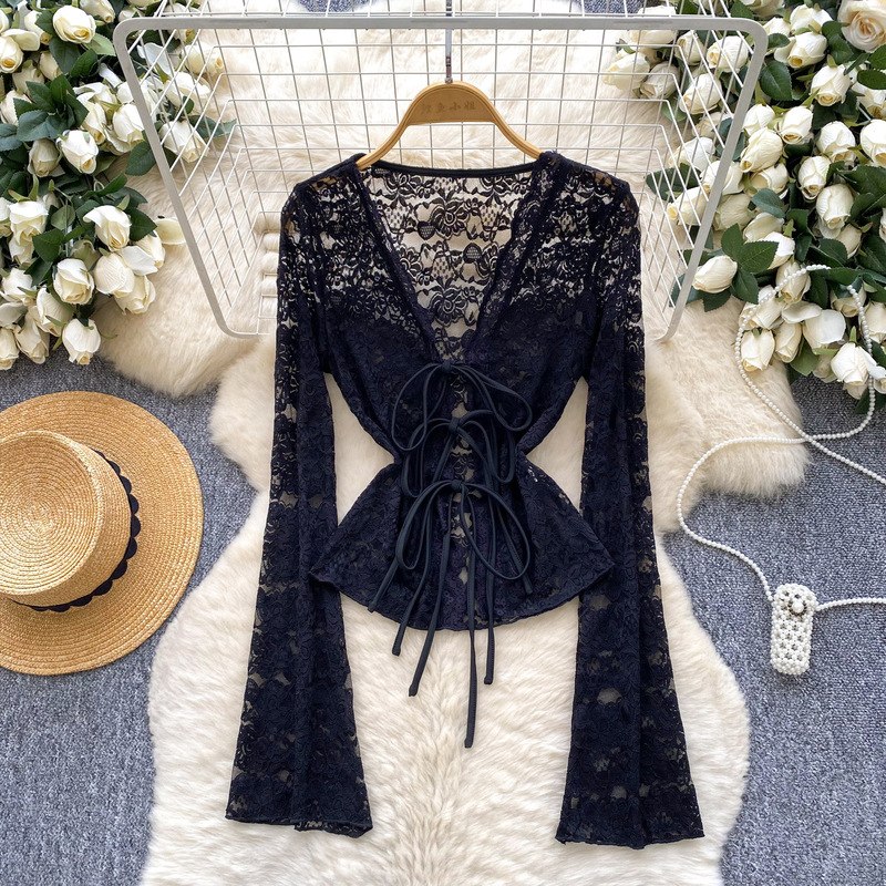 Carefully Selected European and American Women's Fashion, Foreign Trade Ins-Style Pure Desire Hollow-Out Lace-Up Waist-Cinching Bell-Sleeve Thin Lace Cardigan
