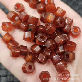 包浆红玛瑙大孔珠玉石散珠磨砂六棱珠玉扣算盘珠路路通隔片玉隔珠