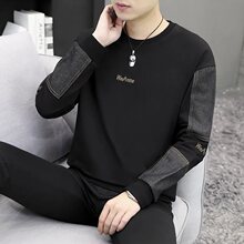 痞帅气质个性撞色休闲T恤卫衣男士秋冬装大码显瘦潮牌打底衫上衣
